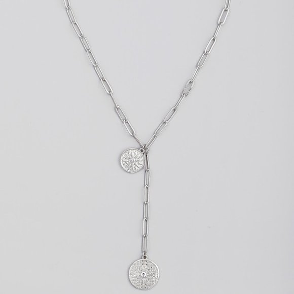 Silver Chain Link Coin Lariat Necklace - Picture 1 of 2